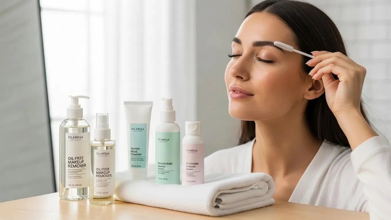 Woman brushing eyelash extensions with oil-free products in a serene beauty routine setting